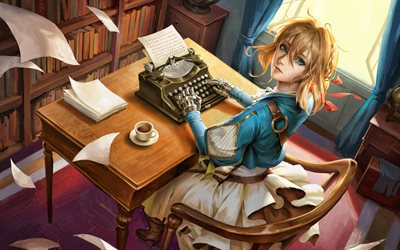 violeta evergarden, protagonista, arte 3d, máquina de escribir, vaioretto evagaden, personajes de anime, manga, personajes de violet evergarden