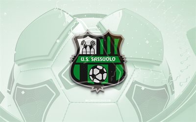 US Sassuolo glossy logo, 4K, green football background, Serie A, soccer, italian football club, US Sassuolo 3D logo, US Sassuolo emblem, Sassuolo FC, football, sports logo, US Sassuolo
