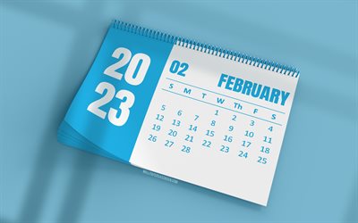 calendrier février 2023, 4k, calendrier de bureau bleu, art 3d, arrière plans bleus, février, calendriers 2023, calendriers d'hiver, calendrier de février 2023, calendriers de bureau 2023