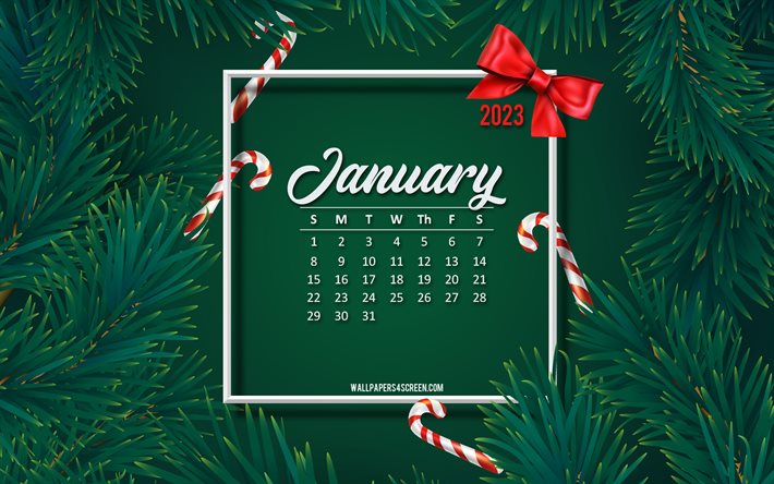 4k, 2023년 1월 달력, 녹색 크리스마스 트리 프레임, 녹색 나무 배경, 2023년 컨셉, 1월, 푸른 소나무 가지, 2023년 달력