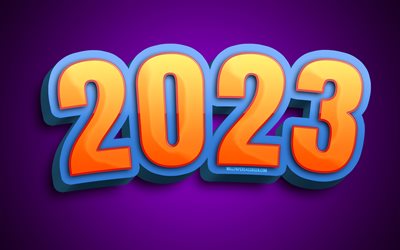 2023 feliz ano novo, dígitos 3d amarelos, 2023 ano, 4k, obra de arte, 2023 conceitos, 2023 dígitos 3d, feliz ano novo 2023, arte abstrata, 2023 fundo violeta