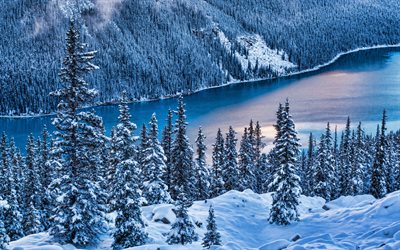 Peyto Lake, glacier lake, winter, snow, evening, sunset, Canadian Rockies, Banff National Park, winter landscape, mountain landscape, Canada