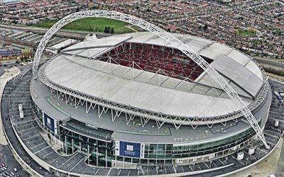 4k, वेम्बली स्टेडियम, हवाई दृश्य, अंग्रेजी फुटबॉल स्टेडियम, वेम्बली, लंडन, खेल के मैदान, फ़ुटबॉल, इंगलैंड