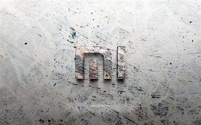 Xiaomi stone logo, 4K, stone background, Xiaomi 3D logo, brands, logo sketches, Xiaomi logo, grunge art, Xiaomi