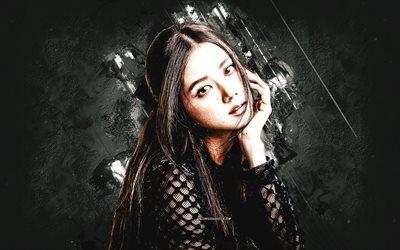 Jisoo, BLACKPINK, portrait, Kim Ji-soo, white stone background, South Korean singer, K-pop, grunge art