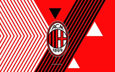 logo de l'ac milan, 4k, équipe italienne de football, fond de lignes noires rouges, ac milan, série a, italie, dessin au trait, emblème de l'ac milan, football