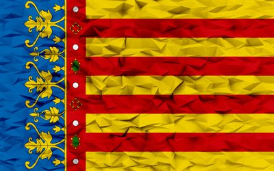 bandiera di valencia, 4k, provincia spagnola, priorità bassa del poligono 3d, bandiera valenciana, struttura del poligono 3d, giorno di valenza, bandiera di valenza 3d, simboli nazionali spagnoli, arte 3d, provincia valenciana, spagna