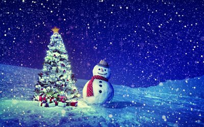 schneemann nahe weihnachtsbaum, frohes neues jahr, fröhliche weihnachten, winter, 2023, schnee, weihnachtsbaum, hintergrund mit einem schneemann, schneefall, weihnachtsgrußkarte