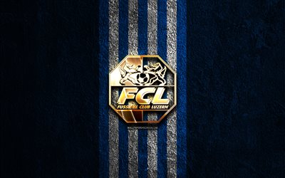 logotipo dorado del fc luzern, 4k, fondo de piedra azul, superliga suiza, club de fútbol suizo, logotipo del fc lucerna, fútbol, emblema del fc lucerna, fc lucerna, lucerna fc