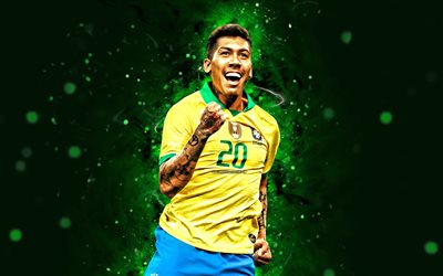 Roberto Firmino, 4k, 2022, Brazil National Team, soccer, footballers, green neon lights, Brazilian football team, Roberto Firmino 4K
