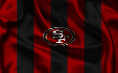 4k, logotipo de los 49ers de san francisco, tela de seda negra roja, equipo de fútbol americano, emblema de los 49ers de san francisco, nfl, insignia de los 49ers de san francisco, eeuu, fútbol americano, bandera de los 49ers de san francisco