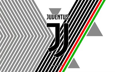 juventus fc  logo, 4k, italian jalkapallojoukkue, mustat valkoiset viivat taustalla, juventus fc, serie a, juventus, italia, viivapiirros, juventus fc  tunnus, jalkapallo, juve