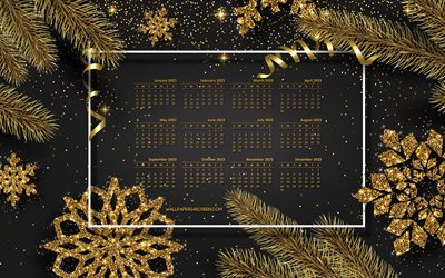 4k, calendario 2023, fondo de navidad de oro negro, 2023 conceptos, todos los meses de 2023, adornos navideños dorados, calendario de todos los meses 2023, calendarios 2023, copos de nieve dorados