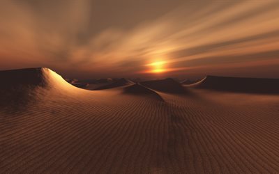 砂漠, 4k, 砂, 夕暮れ, 夕日