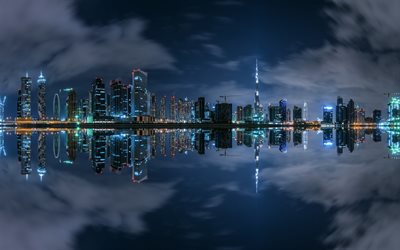 Dubai, noche, panorama, los rascacielos, los Negocios de la Bahía, EMIRATOS árabes unidos
