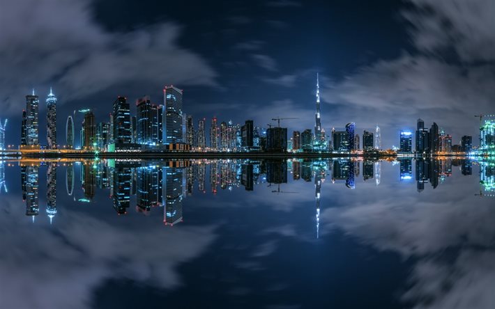 두바이, 밤, 파노라마, 고층 빌딩, 비즈니스 베이, uae