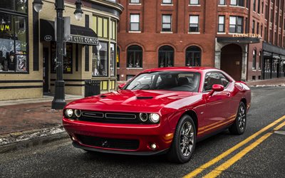 Dodge Challenger, sokak, 2017 arabalar, süper arabalar, kırmızı challenger, Dodge