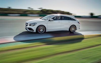pista de carreras, carro, 2017, Mercedes CLA45 AMG Shooting-Brake, velocidad, blanco Mercedes