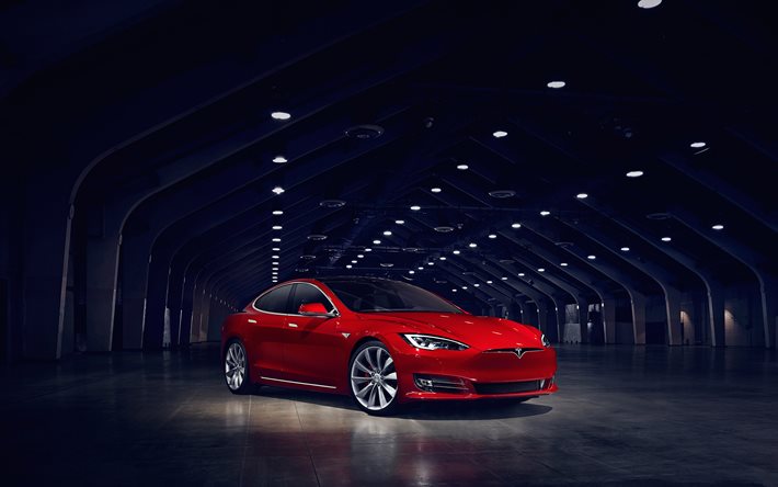 hangar, sedanes, 2016, Tesla Model S, P90D, los coches eléctricos, Tesla rojo