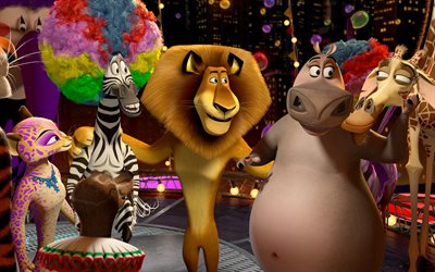 3 Madagaskar, Alex Aslan, Marty Zebra, Melman zürafa, su aygırı Gloria
