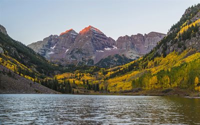 montagnes, coucher de soleil, lac, paysages de montagne, des lacs de montagne, états-unis, Bordeaux Lac, White River National Forest, Colorado