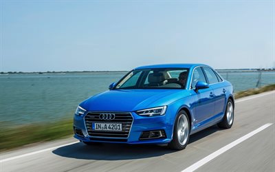 L'Audi A4, la mocement, en 2017, les voitures, la route, bleu format A4, Audi