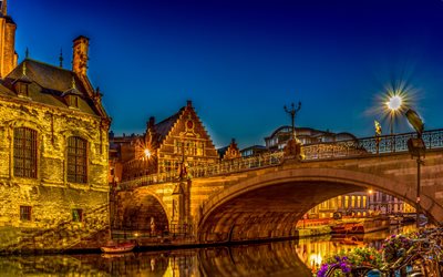 St Michaels Puente, noche, puente, Gante, Bélgica