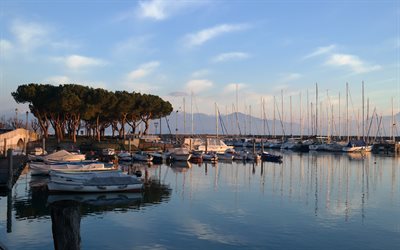 海湾, 码头, 船, 海, 白色的游艇, Desenzano德尔加尔达, 意大利