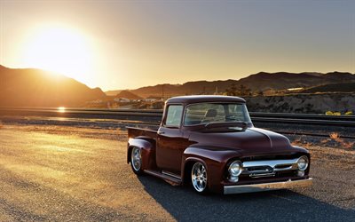 Ford F-100, retrocars, pick-up, coucher de soleil, Ford