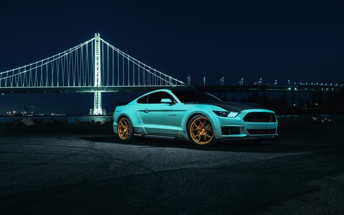 Ford Mustang, Tuning, voitures Américaines, voitures de sport, Bleu Mustang, Ford