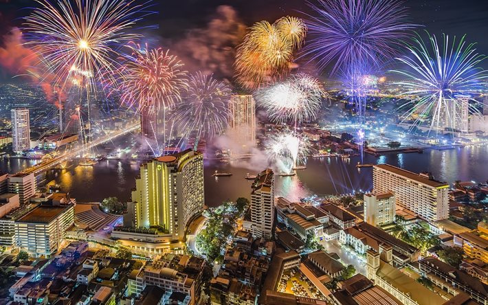 Bangkok, fireworks, holiday, bay, Thailand