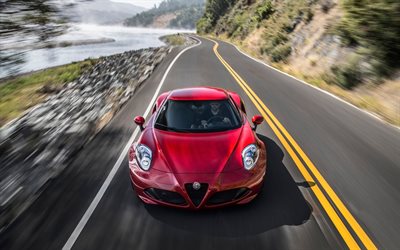 de la carretera, el movimiento, la de 2016, el Alfa Romeo 4C, velocidad, rojo Alfa Romeo