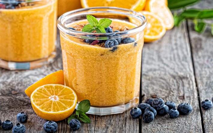 4k, orangen-smoothie, blaubeere, gesunde getränke, smoothie, smoothie-glas, orangen