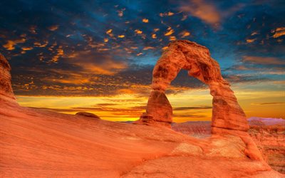 Arches National Park, 4k, desert, rocks, american landmarks, sunset, Moab, Utah, USA, America, pictures with desert