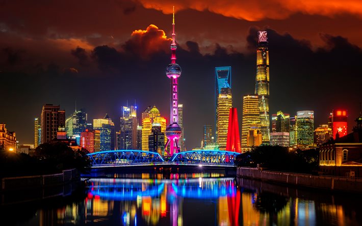 shanghai, 4k, oriental pearl tower, paesaggi urbani dello skyline, grattacieli, сhina, città cinesi, immagini con shanghai, asia, paesaggi notturni, torre di shanghai, jin mao