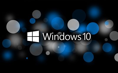 windows 10 logosu, siyah bokeh arka plan, bokeh mavi ve beyaz daireler, windows