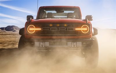 ford bronco raptor, 4k, polvo, 2022 coches, suv, tuning, faros, 2022 ford bronco, coches americanos, ford