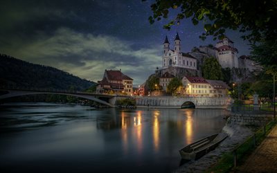 Aarburg Castle, night, Aarburg, Aare River, stone bridge, ancient castles, Swiss castles, Aarburg landmark, Aarburg cityscape, Switzerland
