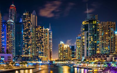 dubai, 4k, noturnas, arranha-céus, edifícios modernos, eau, fotos com dubai, emirados árabes unidos, arquitetura moderna, dubai paisagem urbana, dubai à noite