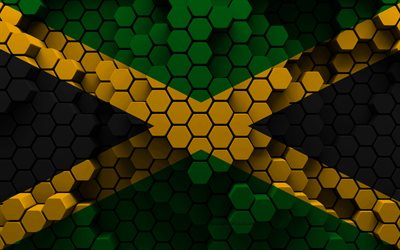 4k, 자메이카의 국기, 3d 육각형 배경, 자메이카 3d 플래그, 3d 육각 텍스처, 자메이카 국가 상징, 자메이카, 3d 배경, 3차원, 기, 자메이카 국기