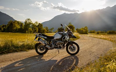 bmw r 1250 gs aventure, 4k, champ de route, 2021 vélos, coucher de soleil, motos allemandes, bmw
