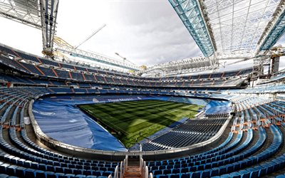 santiago bernabeu stadyumu, 4k, iç görünüm, tribünler, futbol sahası, real madrid stadyumu, futbol stadyumu, madrid, ispanya, uefa şampiyonlar ligi
