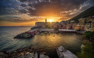 Genoa, Ligurian coast, seawall, evening, sunset, seascape, Genoa cityscape, Liguria, Italy