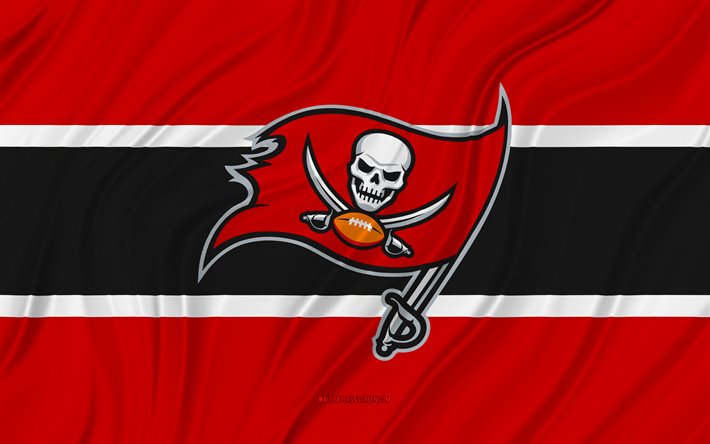 Tampa Bay Buccaneers, 4K, red black wavy flag, NFL, american football, 3D fabric flags, Tampa Bay Buccaneers flag, american football team, Tampa Bay Buccaneers logo