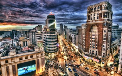 4k, madrid, kväll, solnedgång, aveny, hdr, spaniens huvudstad, madrid panorama, madrid stadsbild, spanien