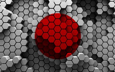 4k, bandera de japón, fondo hexagonal 3d, bandera japonesa 3d, textura hexagonal 3d, símbolos nacionales japoneses, japón, fondo 3d, bandera japonesa