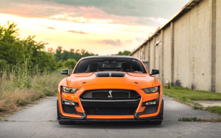 ford mustang shelby gt500, vista frontal, exterior, laranja carro esportivo, laranja ford mustang, mustang tuning, ford mustang pictures, american sports cars, ford