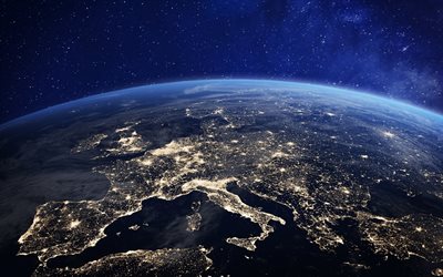 Europe from space, lights, digital art, sci-fi, universe, NASA, planets, 3D Earth, Earth from space, galaxy