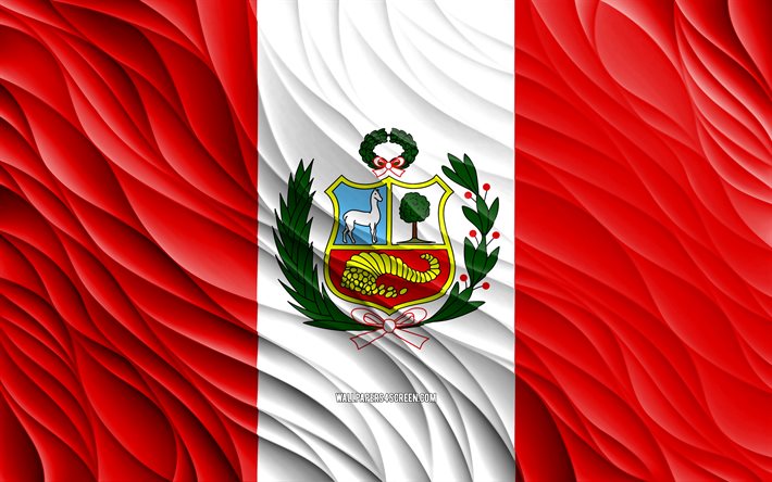 4k, 페루 국기, 물결 모양의 3d 플래그, 남미 국가, 페루의 국기, 페루의 날, 3d 파도, 페루 국가 상징, 페루