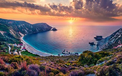 myrtos strand, ön kefalonia, joniska havet, kust, kväll, solnedgång, havslandskap, pylaros, kefalonia, klippor, grekland